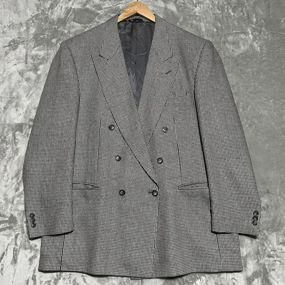 Vintage Vito Rufolo Houndstooth Blazer Mens 46L Grey Lanificio Di Pray Wool Silk